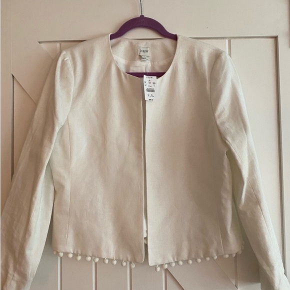 J. Crew Cropped White Linen Jacket with Pom-Poms XXS NWOT - Picture 4 of 5